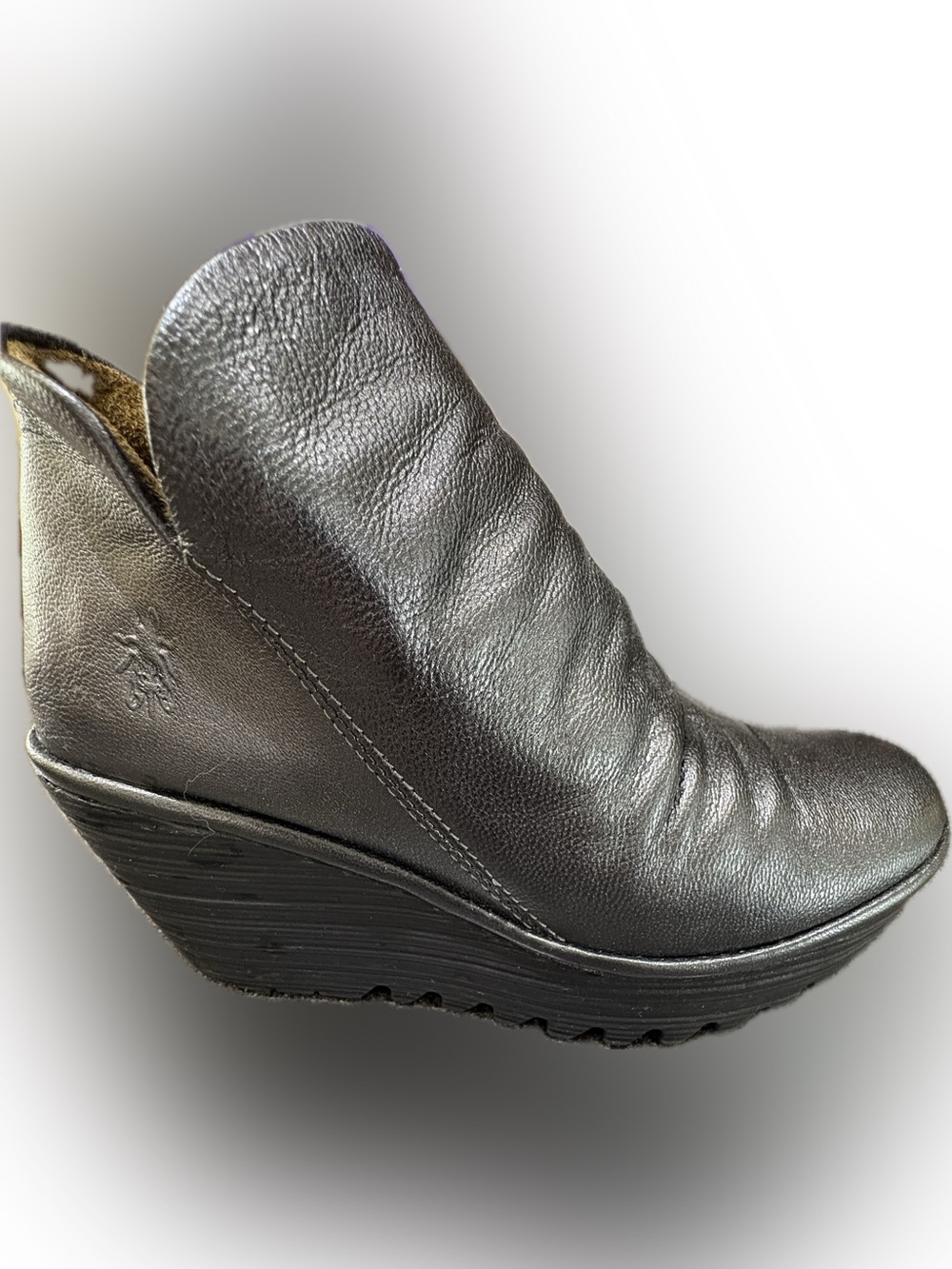 Fly London Metallic Gray Ruched Leather Wedge Platform Ankle Boots 36 US 5.5-6